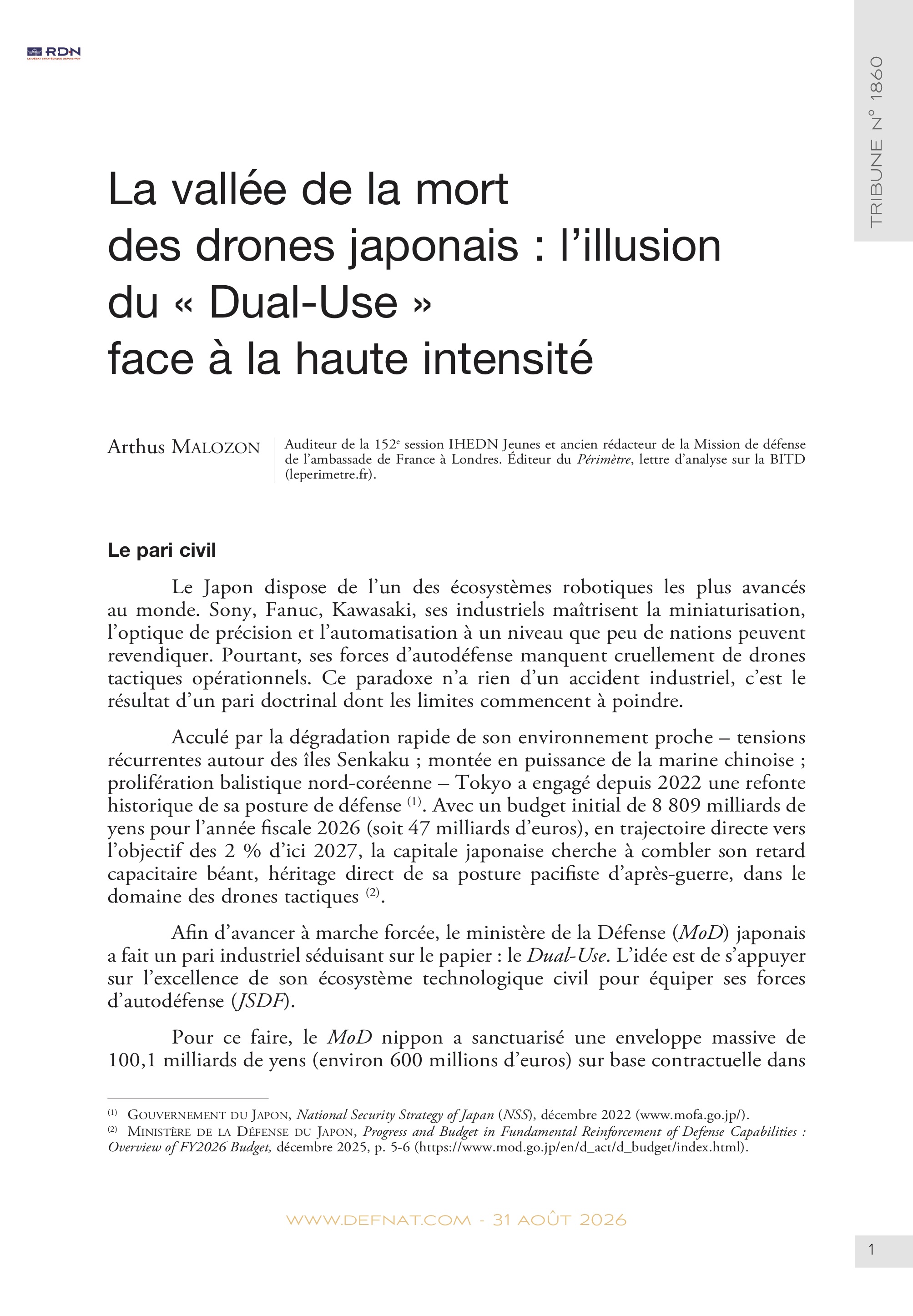 La vall&eacute;e de&nbsp;la&nbsp;mort des&nbsp;drones&nbsp;japonais&nbsp;: l&rsquo;illusion du &laquo;&nbsp;Dual-Use&nbsp;&raquo; face &agrave;&nbsp;la&nbsp;haute&nbsp;intensit&eacute; (T&nbsp;1860)
